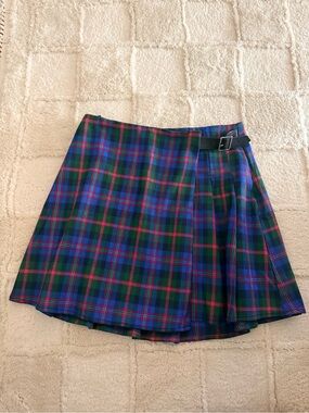 Pleated Buckled Wrap-Front Mini Plaid Skirt